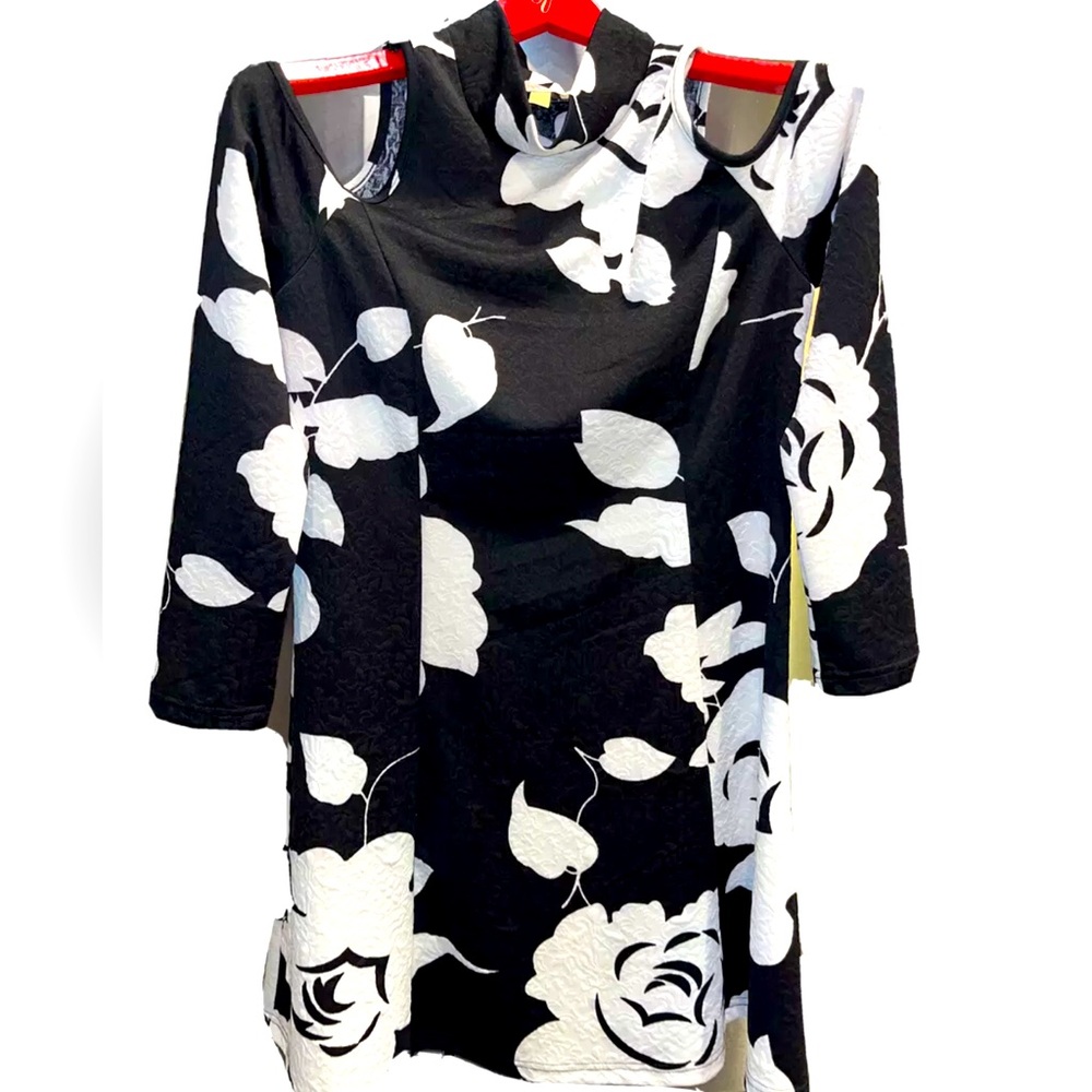 Aryeh Black Flowers DRESS Cold Shoulder A Line Stretchy Knit Mock Neck Flared L